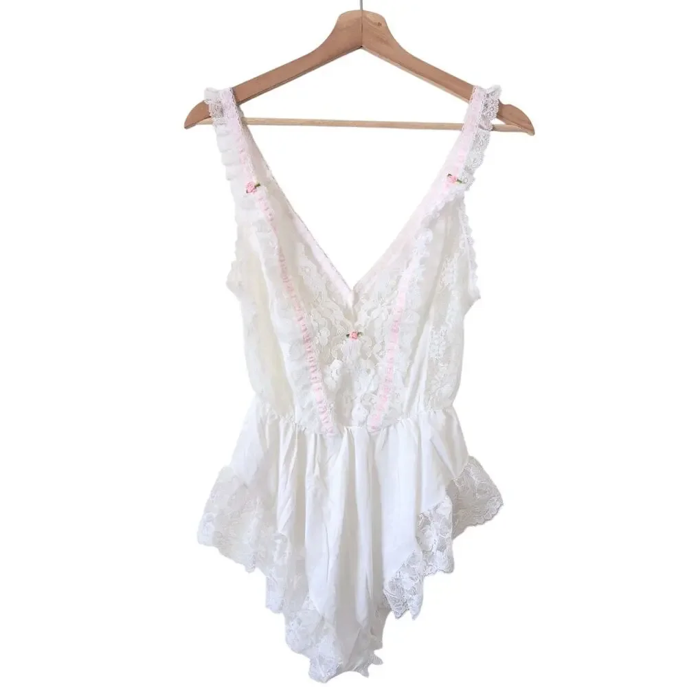 Vintage Tosca Lingerie Womens Small Lace White Bride Rose Bud Bodysuit Negligee - Picture 1 of 9